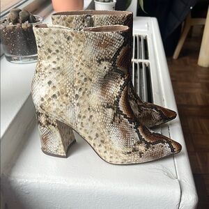 Brown and Cream Ankle Boots with Chunky Heel and Pointed Toe